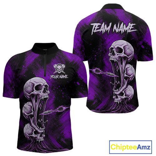 Custom Purple Grunge Creepy Skull Flame Dart Arrow Men Darts Quarter-Zip Shirt Dart Jerseys NYN1940