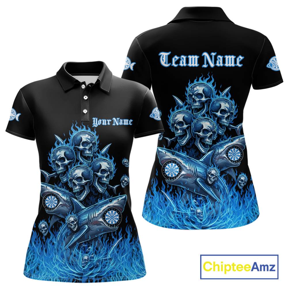 Custom Blue Flames Shark And Skull 3D Women Darts Polo League Shirts Funny Dart Jerseys NYN2203