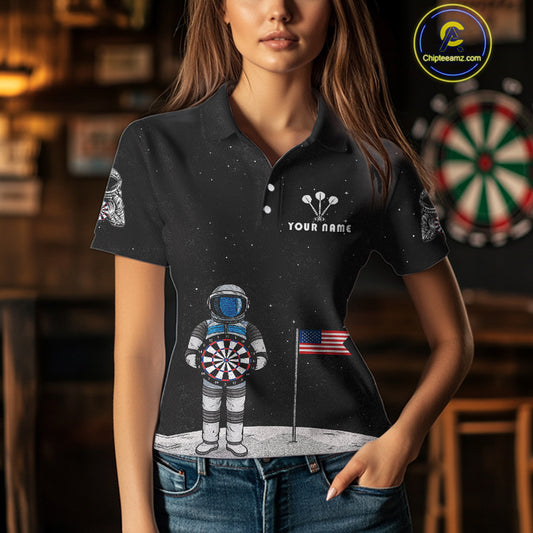 Custom Black Galaxy Astronaut Dart Polo Shirt For Women Outfit Dart Team Jerseys NYN1417