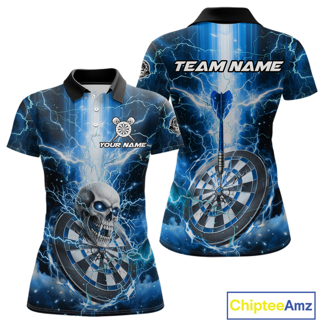 Custom Lightning Blue Skull Cracked Dartboard Dart Women Polo Jerseys Outfits Dart Shirt NYN1685