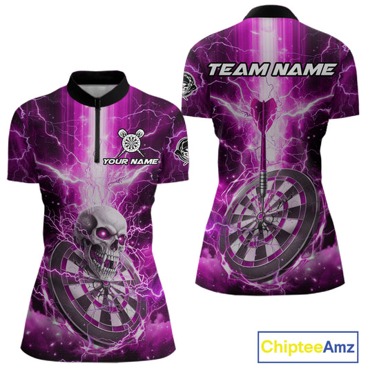 Custom Lightning Pink Skull Cracked Dartboard Dart Women 1/4-Zip Jerseys Outfits Dart Shirt NYN1687
