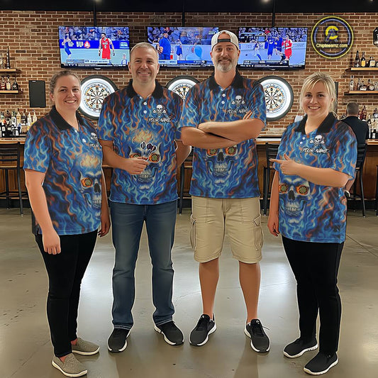 Custom Blue Fire Flaming Skull Dartboard Men Darts Quarter-Zip League Shirts Outfits Dart Jerseys NYN2207