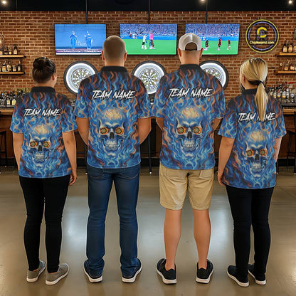 Custom Blue Fire Flaming Skull Dartboard Men Darts Polo League Shirts Outfits Dart Jerseys NYN2207