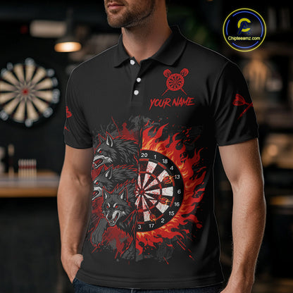 Red Wolfs Flames Dartboard Custom Funny Darts Polo Shirt For Men Grunge Dart Jerseys NYN1953