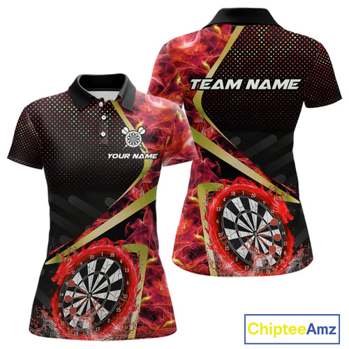 Custom Red Flames Dragon Dartboard Halftone Dart Women Polo Jerseys Gold Dart Team Shirt NYN1692