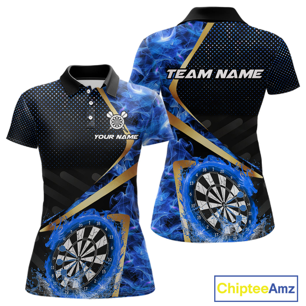 Custom Blue Flames Dragon Dartboard Halftone Dart Women Polo Jerseys Gold Dart Team Shirt NYN1693