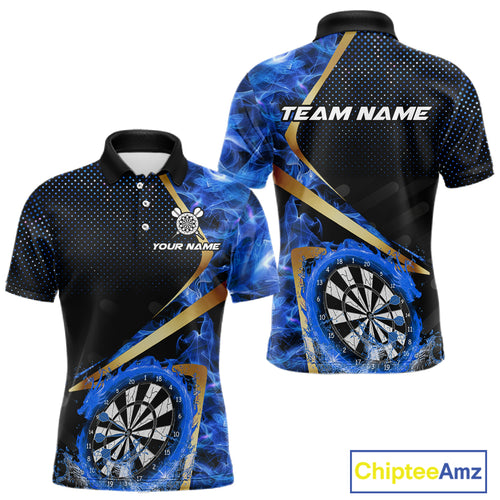 Custom Blue Flames Dragon Dartboard Halftone Dart Men Polo Jerseys Gold Dart Team Shirt NYN1693