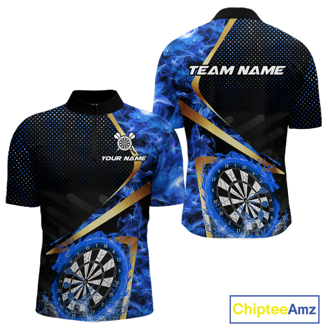 Custom Blue Flames Dragon Dartboard Halftone Dart Men 1/4-Zip Jerseys Gold Dart Team Shirt NYN1693