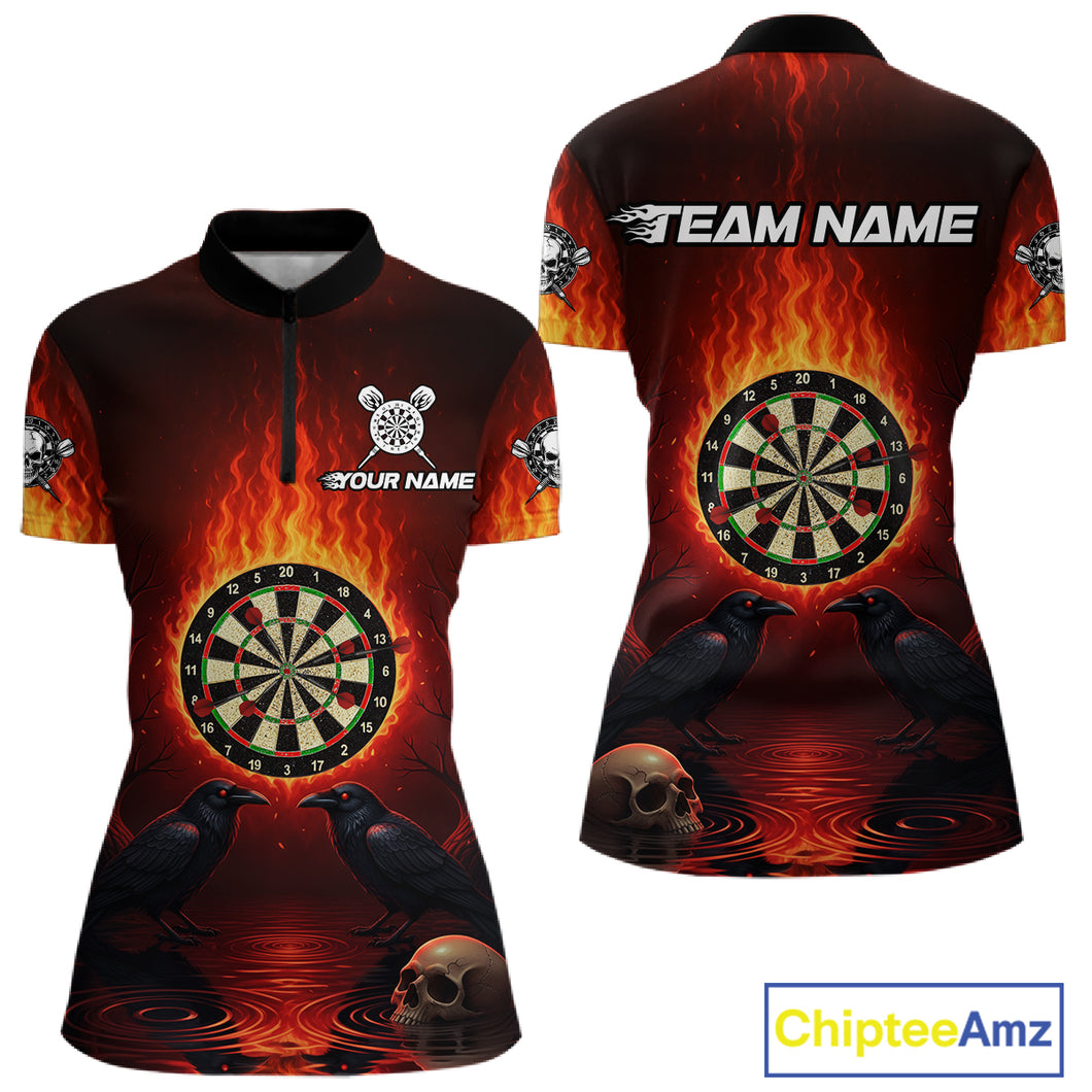 Custom Flames Dartboard Skull Dart Women Quarter-Zip Jerseys Gothic Raven Dart Team Shirt NYN1706