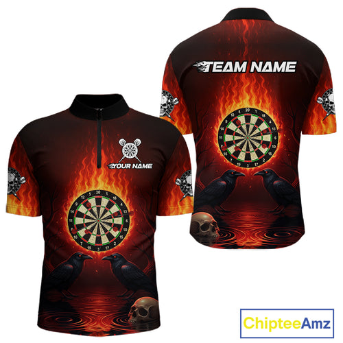 Custom Flames Dartboard Skull Dart Men Quarter-Zip Jerseys Gothic Raven Dart Team Shirt NYN1706