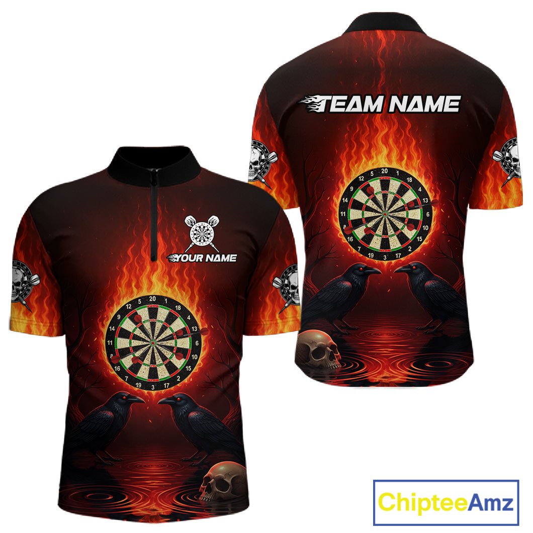 Custom Flames Dartboard Skull Dart Men Quarter-Zip Jerseys Gothic Raven Dart Team Shirt NYN1706