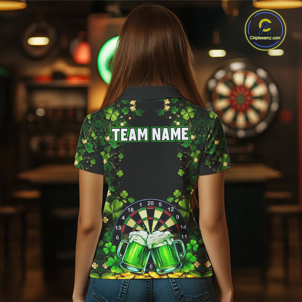 Cheer Beer & Play Dartboard Shamrock Women Darts Polo Shirt Custom St Patrick's Day Darts Jersey NYN2534