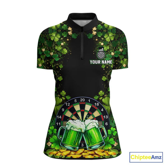 Cheer Beer & Play Dartboard Shamrock Women Darts Quarter-Zip Shirt Custom St Patrick's Day Darts Jersey NYN2534
