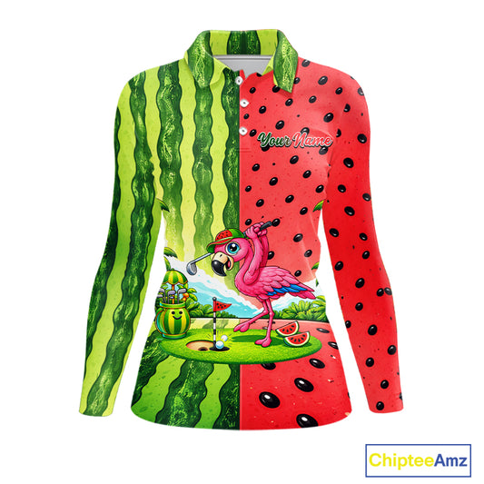 Flamingo Watermelon Polo Shirt Womens Golf Polo Shirts Custom Tropical Pattern Flamingo Golf Shirts NYN2878