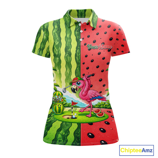 Flamingo Watermelon Polo Shirt Womens Golf Polo Shirts Custom Tropical Pattern Flamingo Golf Shirts NYN2878