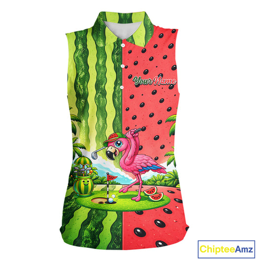 Flamingo Watermelon Sleeveless Polo Shirt Womens Golf Polo Shirts Custom Tropical Flamingo Golf Shirts NYN2878