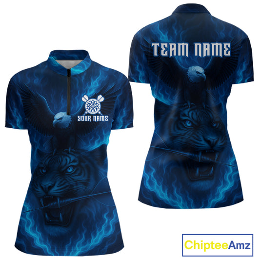 Custom Lightning Blue Tiger Eagle Horror Dart 1/4-Zip Shirt For Women Dart Tournament Jersey NYN1479