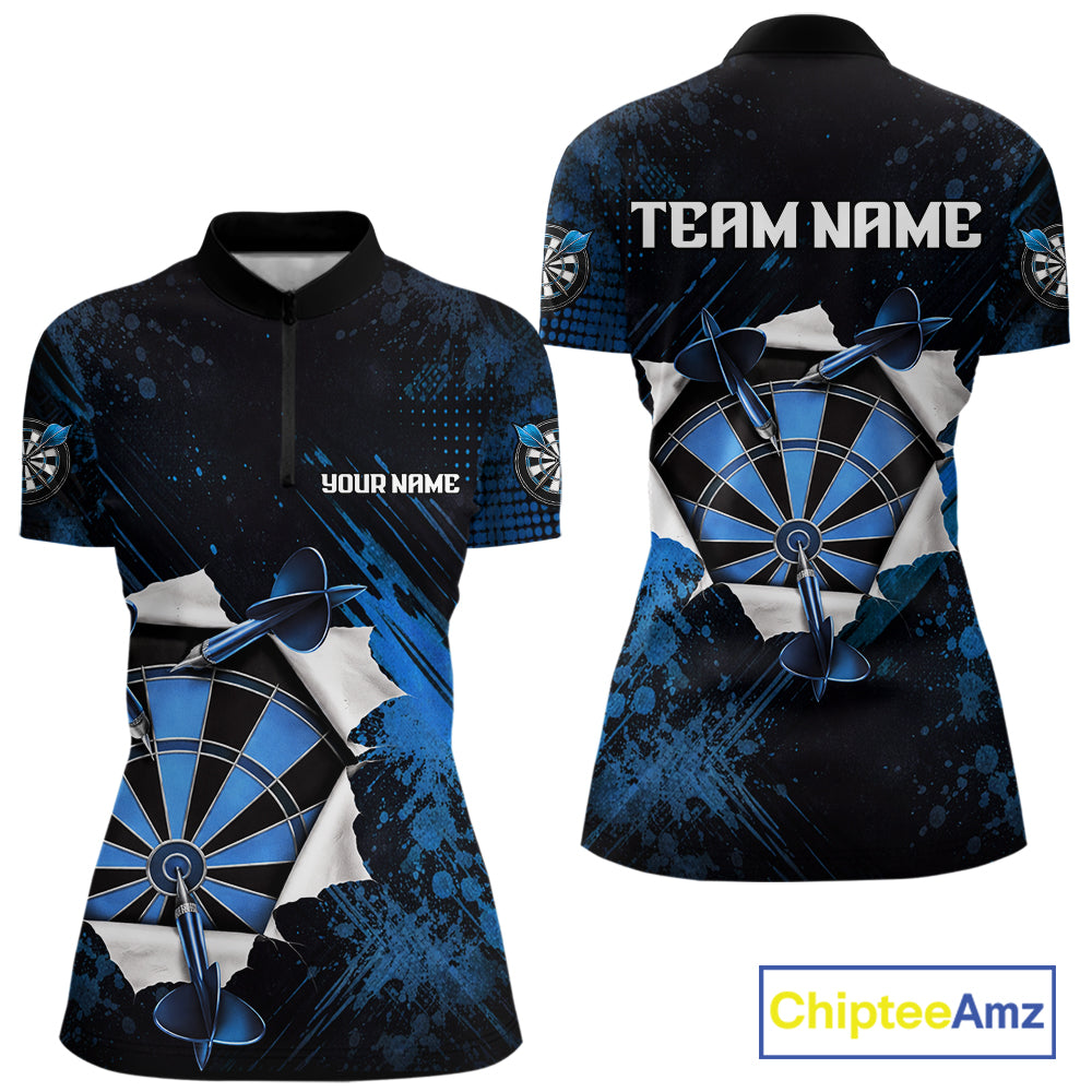Custom Grunge Blue Torn Darts Polo & Quarter-Zip For Women Blue Spatter Outfit Dart Team Jerseys NYN2903
