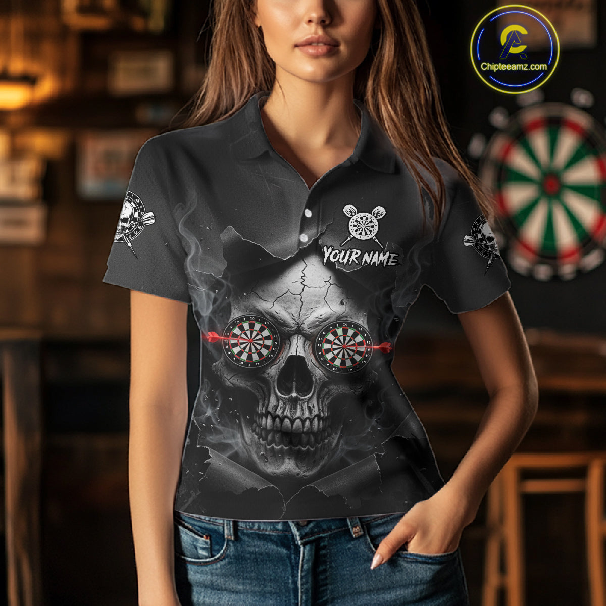 Black Smokes Skull Torn Grunge Dartboard Custom Women Polo Darts Shirt Dart Jersey NYN2012