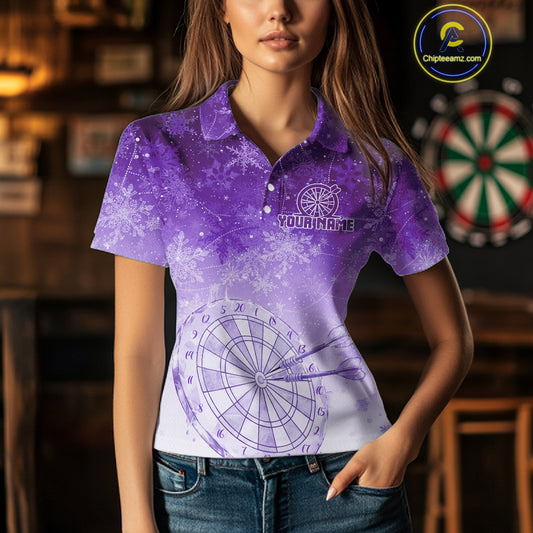 White & Purple Snowflakes Ice Dartboard Custom Polo Dart Shirt For Women Xmas Dart Jerseys NYN2026