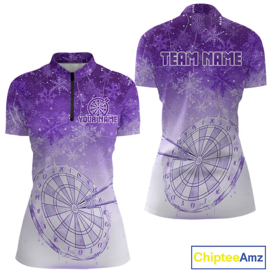 White & Purple Snowflakes Ice Dartboard Custom Quarter-Zip Dart Shirt For Women Xmas Dart Jerseys NYN2026