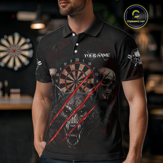 Red Blood Scratch Wolf Men Darts Polo Shirt Custom Name & Team Skull Dart League Shirt NYN2054