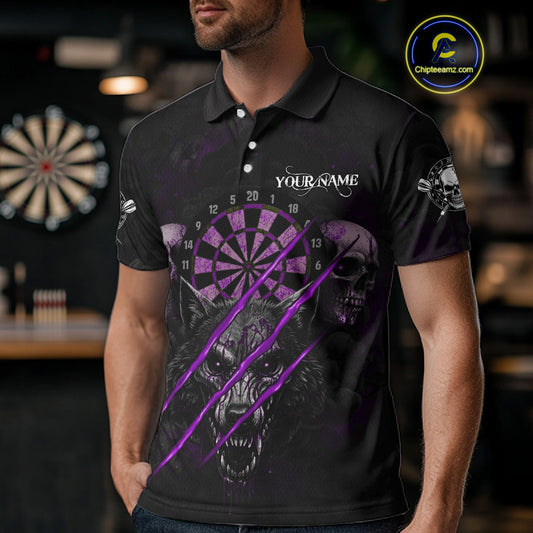 Purple Blood Scratch Wolf Men Darts Polo Shirt Custom Name & Team Skull Dart League Shirt NYN2055