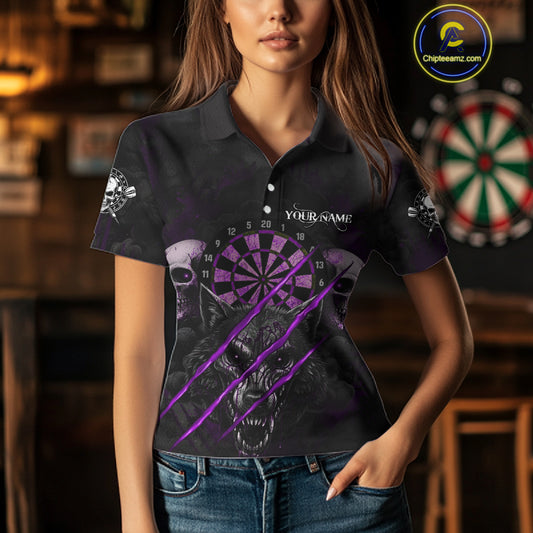 Purple Blood Scratch Wolf Women Darts Polo Shirt Custom Name & Team Skull Dart League Shirt NYN2055