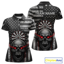 Load image into Gallery viewer, Grey American Flag Red Skull Custom Women Polo Dart Shirt Grunge Patriotic Dart Jerseys NYN1768