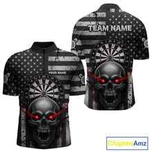 Load image into Gallery viewer, Grey American Flag Red Skull Custom Mens Quarter-Zip Dart Shirt Grunge Patriotic Dart Jerseys NYN1768