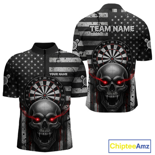 Grey American Flag Red Skull Custom Mens Quarter-Zip Dart Shirt Grunge Patriotic Dart Jerseys NYN1768