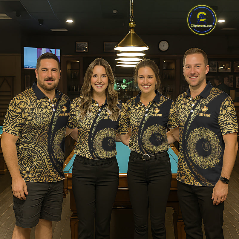 Black & Gold 8 Ball Crown Billiard Polo & 1/4 Zip Shirt For Women Custom Tribal Pool Team Jerseys NYN2944