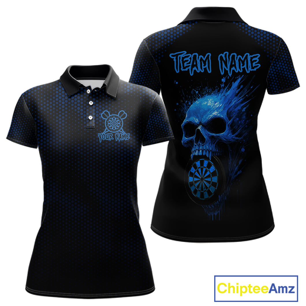 Custom Black And Blue Skull Dart Polo Shirt For Women Dartboard Skull Grunge Dart Jerseys NYN1524