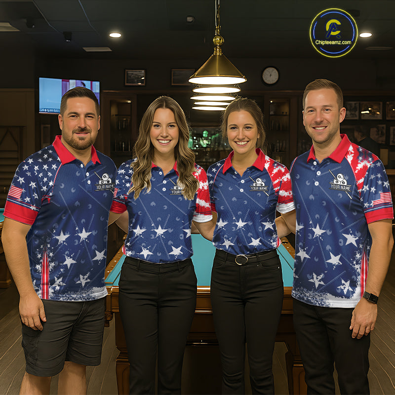 Blue Red Grunge US Flag 8 Ball Pool Women  Billiard Ball Cue Shirt Custom Patriotic Billiard Team Attire NYN2734