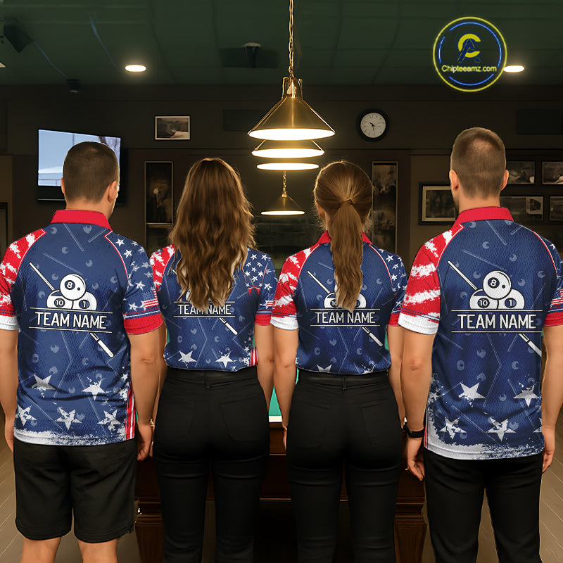Blue Red Grunge US Flag 8 Ball Pool Women  Billiard Ball Cue Shirt Custom Patriotic Billiard Team Attire NYN2734