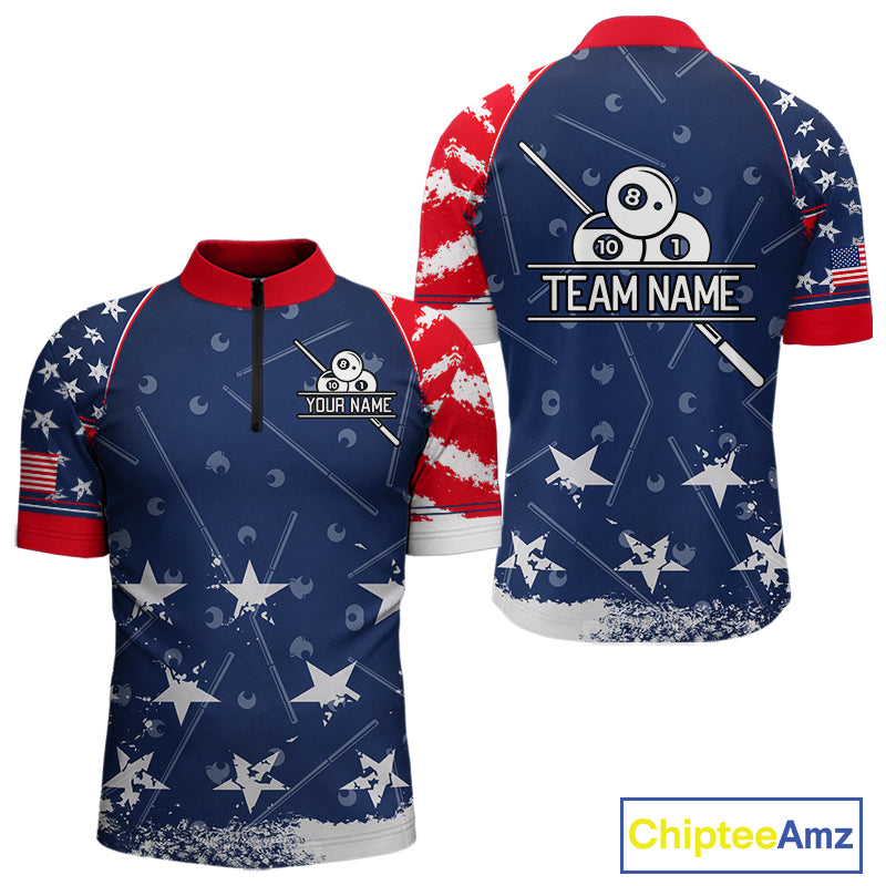 Blue Red Grunge US Flag 8 Ball Pool Men Billiard Ball Cue Shirt Custom Patriotic Billiard Team Attire NYN2734