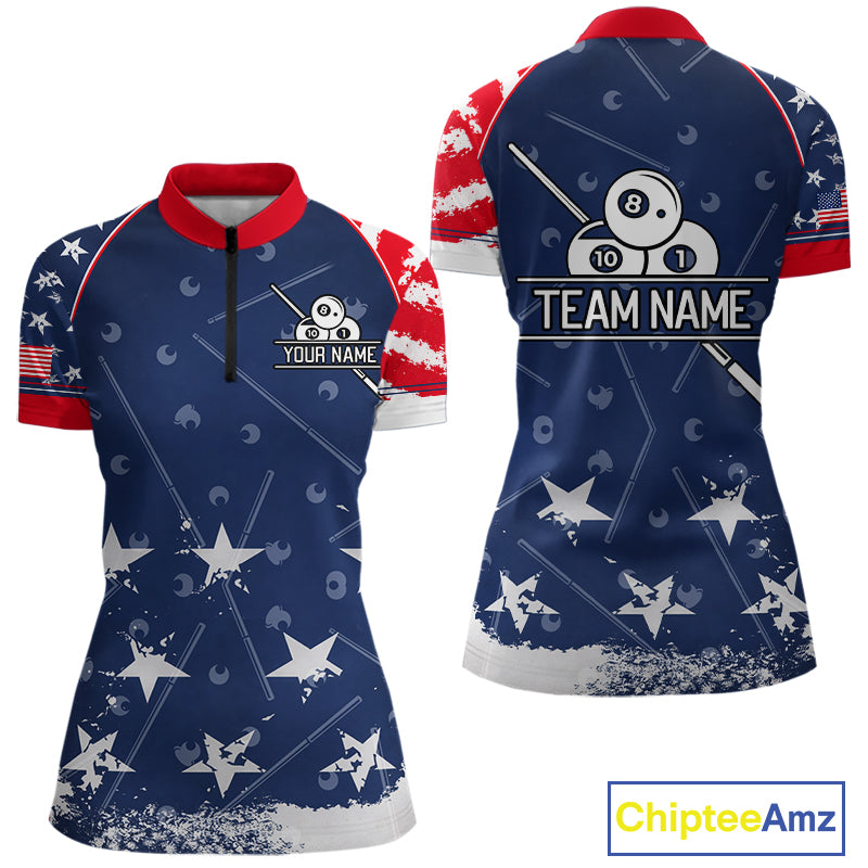 Blue Red Grunge US Flag 8 Ball Pool Women  Billiard Ball Cue Shirt Custom Patriotic Billiard Team Attire NYN2734