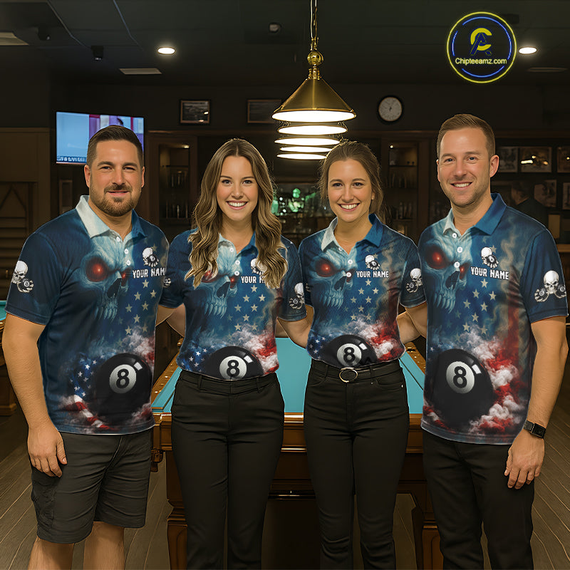 American Flag Skull Smoke 8 Ball Billiard 3D Shirt For Women Personalized Pool Billiard Team Attire NYN2745