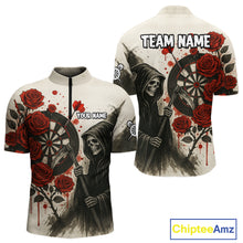 Load image into Gallery viewer, Custom Red Grunge Roses Grim Reaper Dartboard Dart Quarter-Zip Shirt For Men Dart Team Jerseys NYN1546
