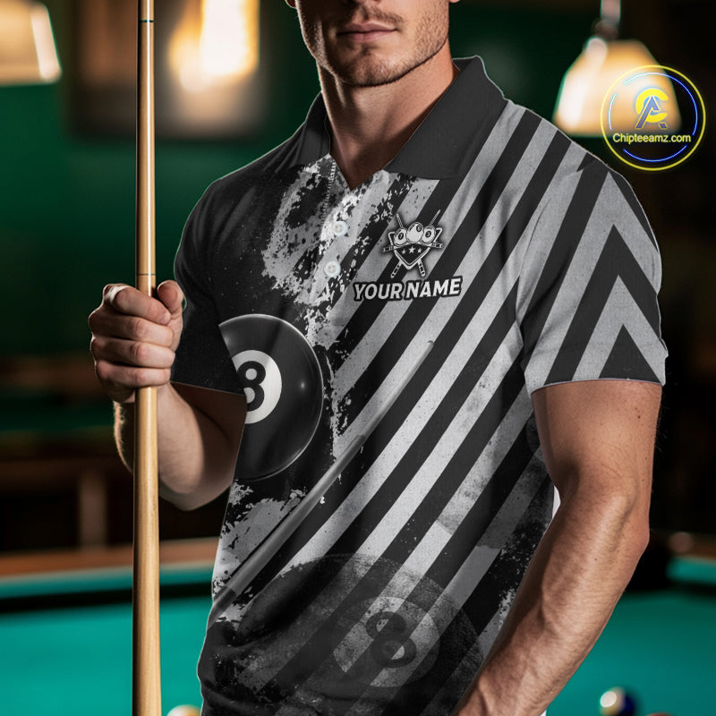 Black And Grey Grunge Pool 8 Ball Men Billiard Shirt Personalized Graffiti Billiard Attire NYN2595
