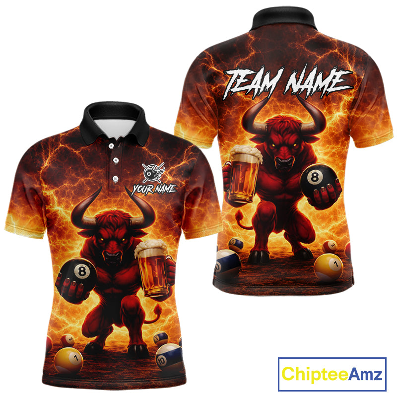 Yellow Lightning Funny Bull Pool 8 Ball Men Billiard Polo & 1/4-Zip Shirt Custom Billiard Attire NYN2606
