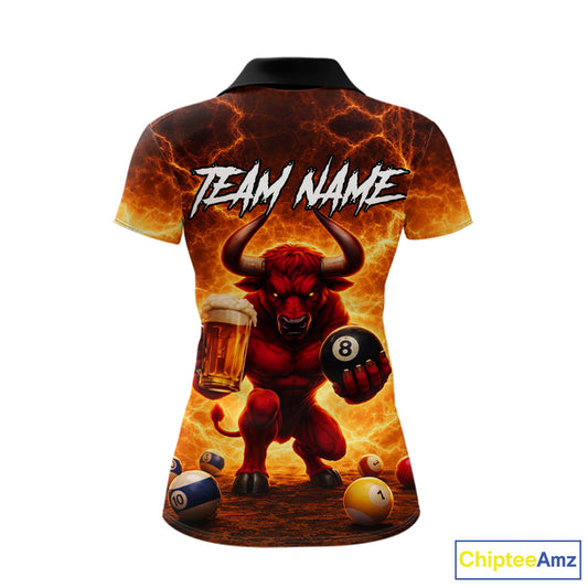 Yellow Lightning Funny Bull Pool 8 Ball Women Billiard Polo & 1/4-Zip Shirt Custom Billiard Attire NYN2606