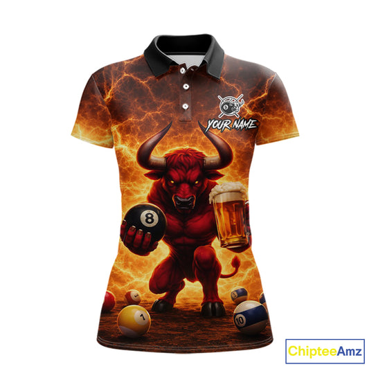 Yellow Lightning Funny Bull Pool 8 Ball Women Billiard Polo & 1/4-Zip Shirt Custom Billiard Attire NYN2606