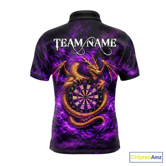 Gold Horror Dragon Hold Dartboard Men Darts Polo Shirt Custom Purple Grunge Darts Team Jersey NYN2609
