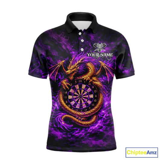 Gold Horror Dragon Hold Dartboard Men Darts Polo Shirt Custom Purple Grunge Darts Team Jersey NYN2609