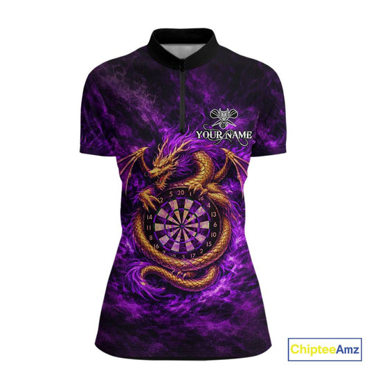 Gold Horror Dragon Hold Dartboard Women Darts Quarter-Zip Shirt Custom Purple Grunge Darts Team Jersey NYN2609