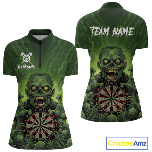 Custom Green Multi Zombie Grunge Dartboard Darts Quarter-Zip Shirt For Women Skull Dart Jerseys NYN1835