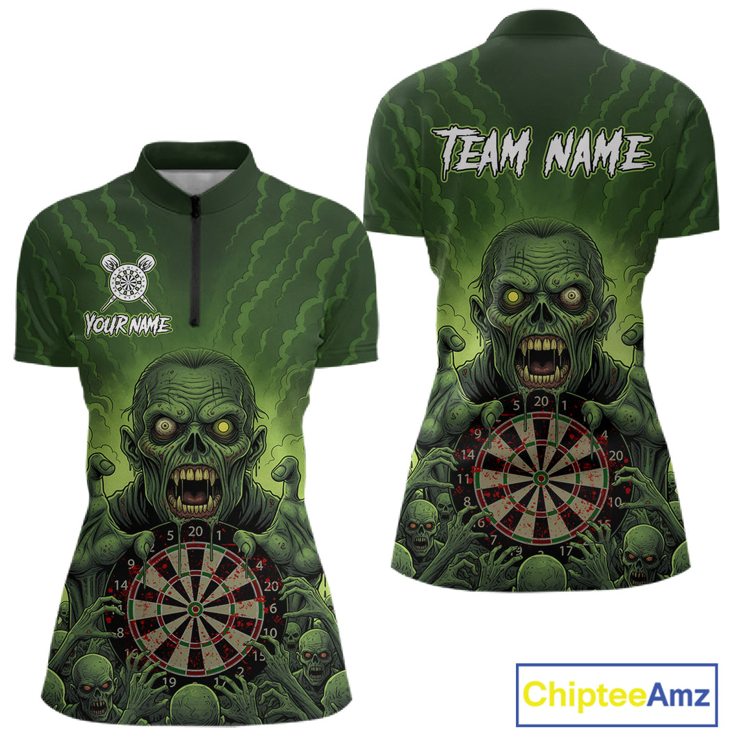 Custom Green Multi Zombie Grunge Dartboard Darts Quarter-Zip Shirt For Women Skull Dart Jerseys NYN1835