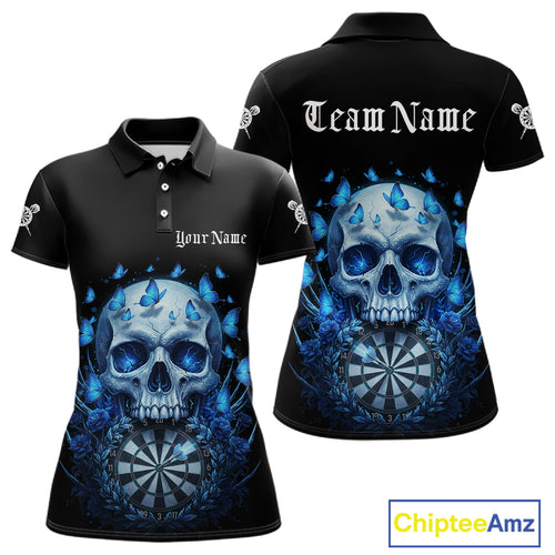 Custom Blue Butterflies Skull Head Flowers Dartboard Women Darts Polo Shirt, Dart Jerseys NYN1839