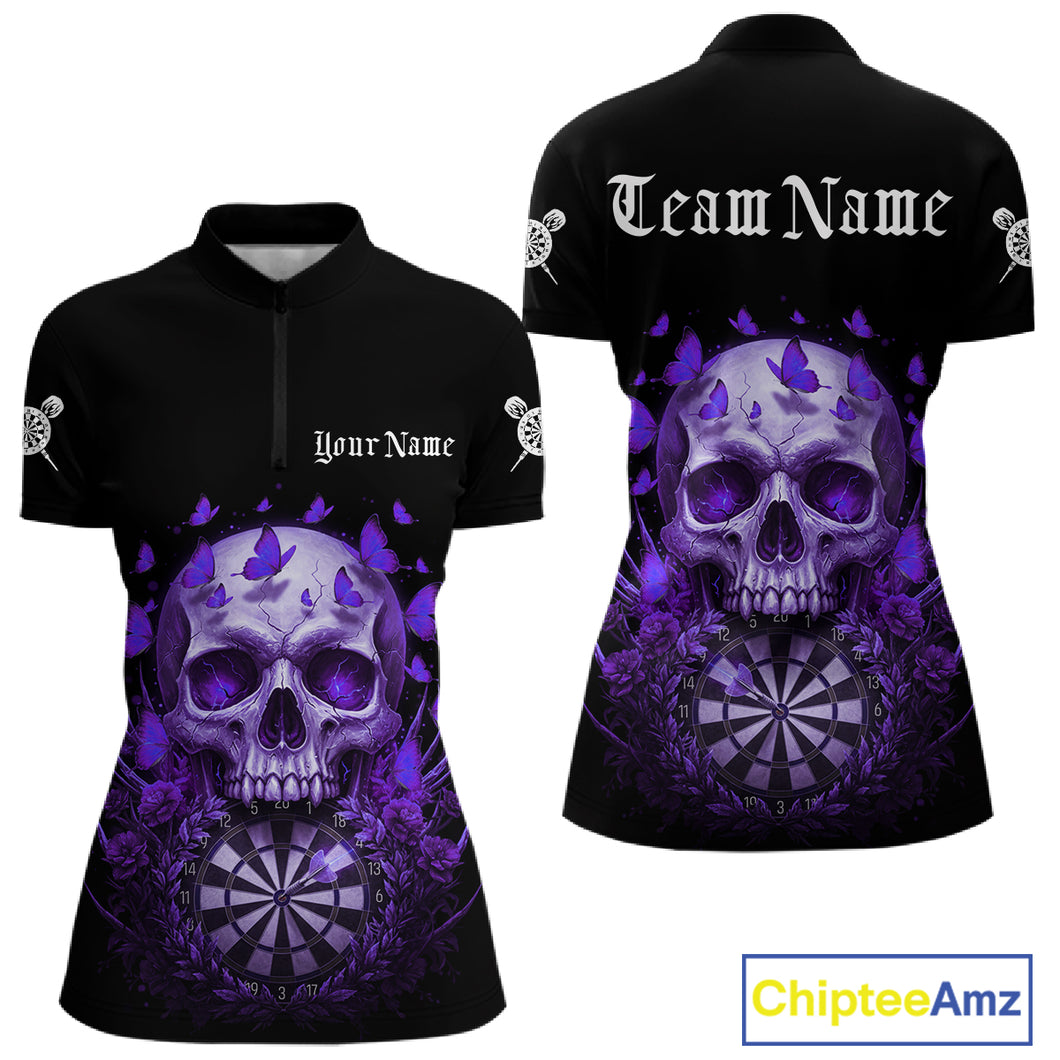 Custom Purple Butterflies Skull Head Flowers Dartboard Women Darts Quarter-Zip Shirt, Dart Jerseys NYN1840